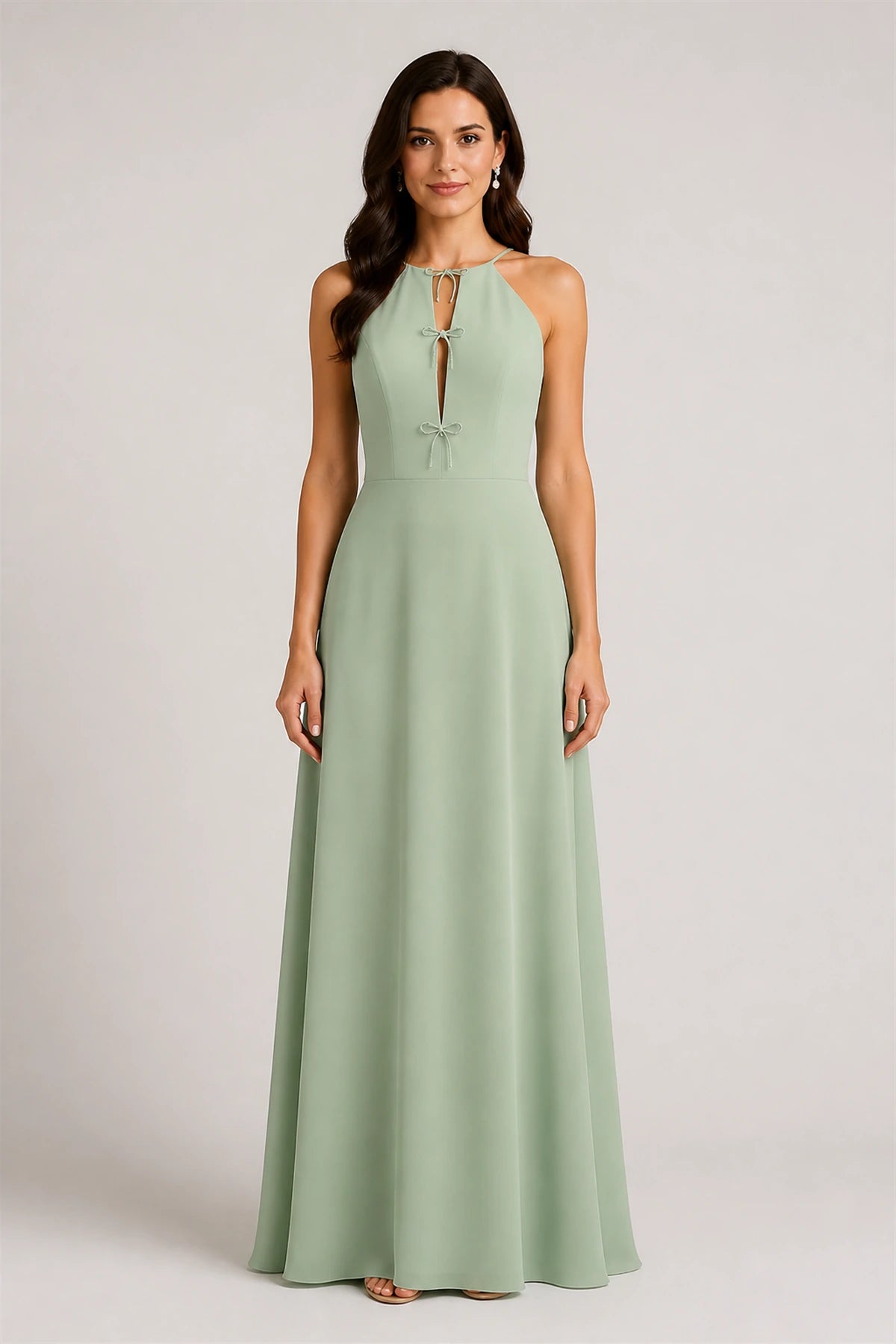 Vedress sage green halter bow keyhole a‑line long bridesmaid dress