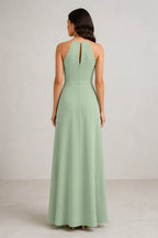 Back view of Vedress sage green halter bridesmaid dress with keyhole‑zipper closure