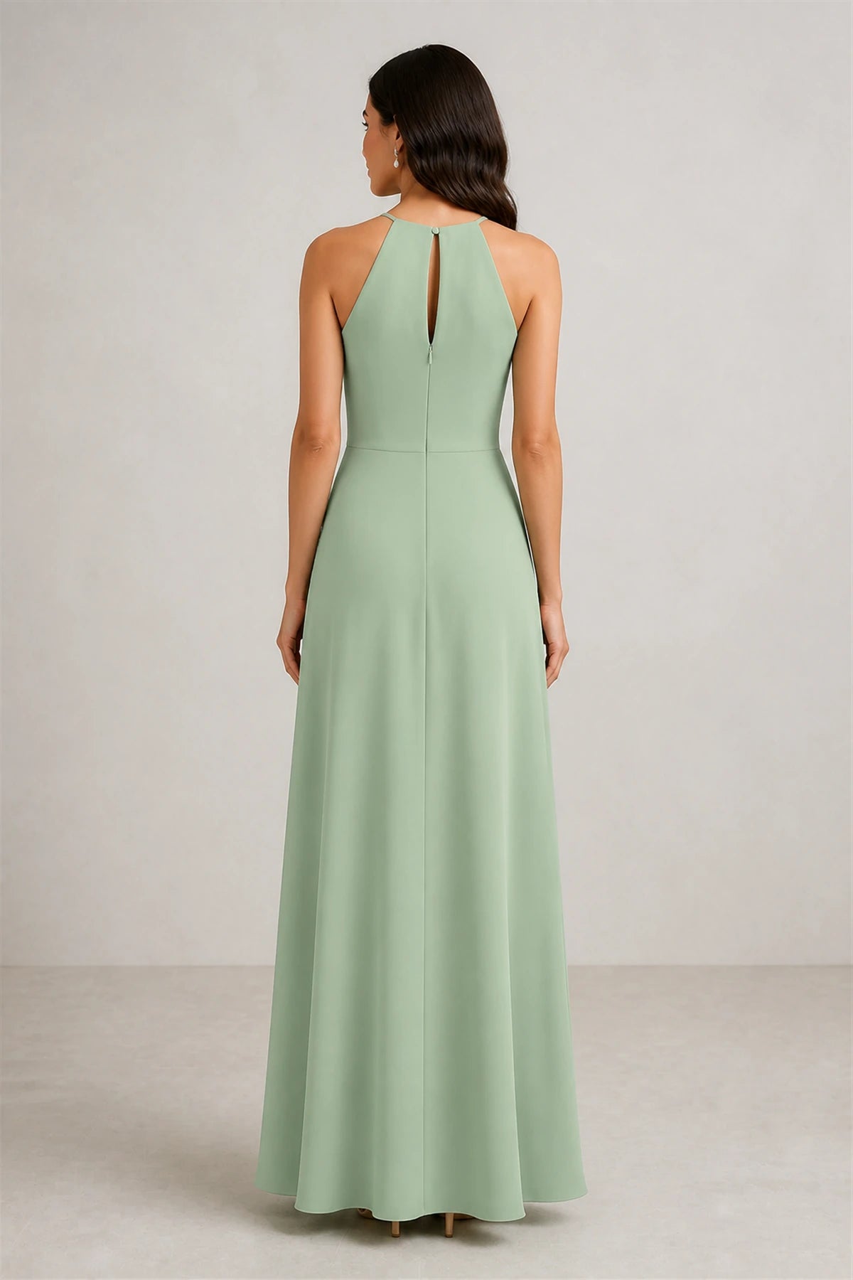 Back view of Vedress sage green halter bridesmaid dress with keyhole‑zipper closure
