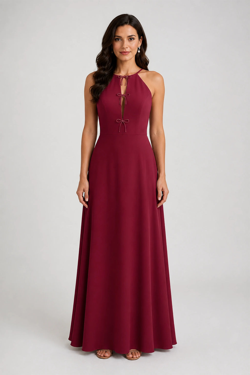 Sage Green Halter Bow Keyhole A‑Line Long Bridesmaid Dress
