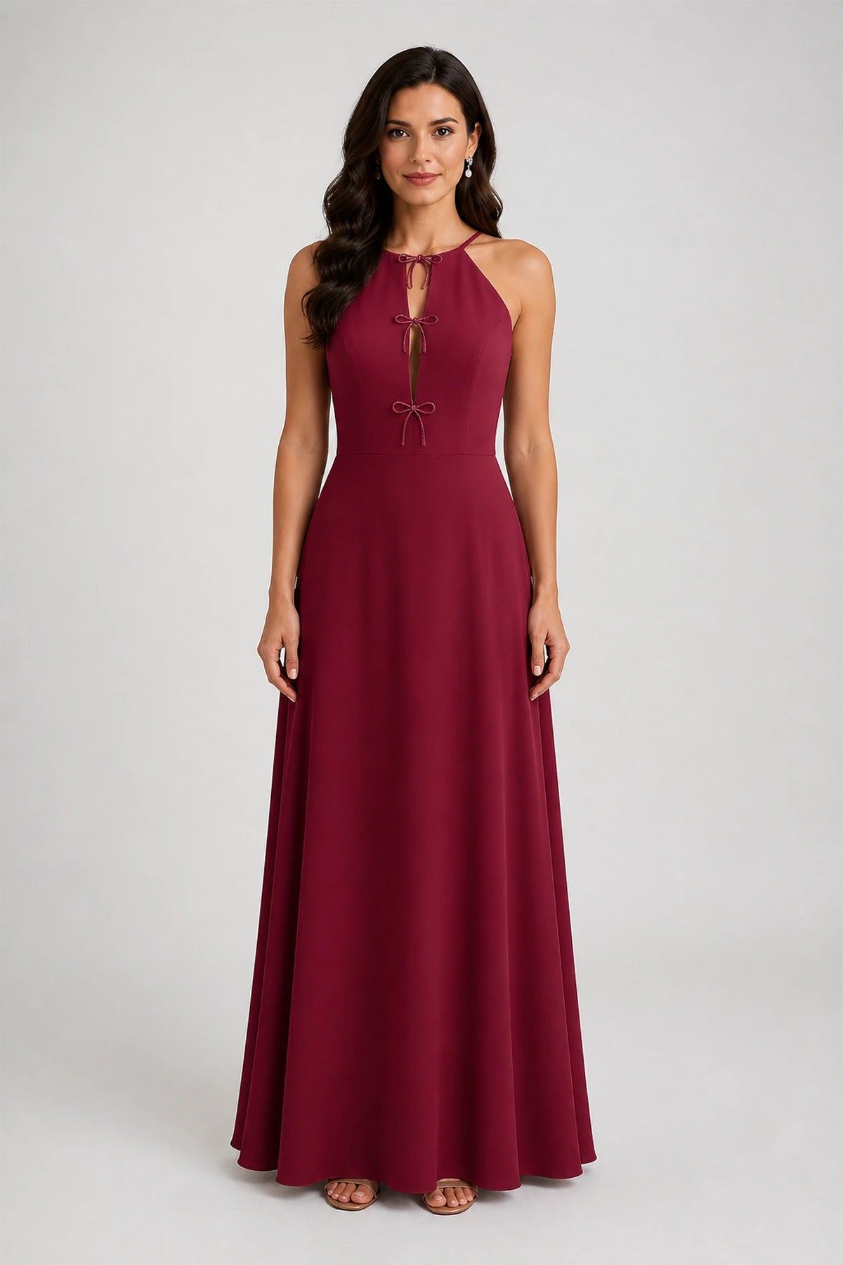 Sage Green Halter Bow Keyhole A‑Line Long Bridesmaid Dress