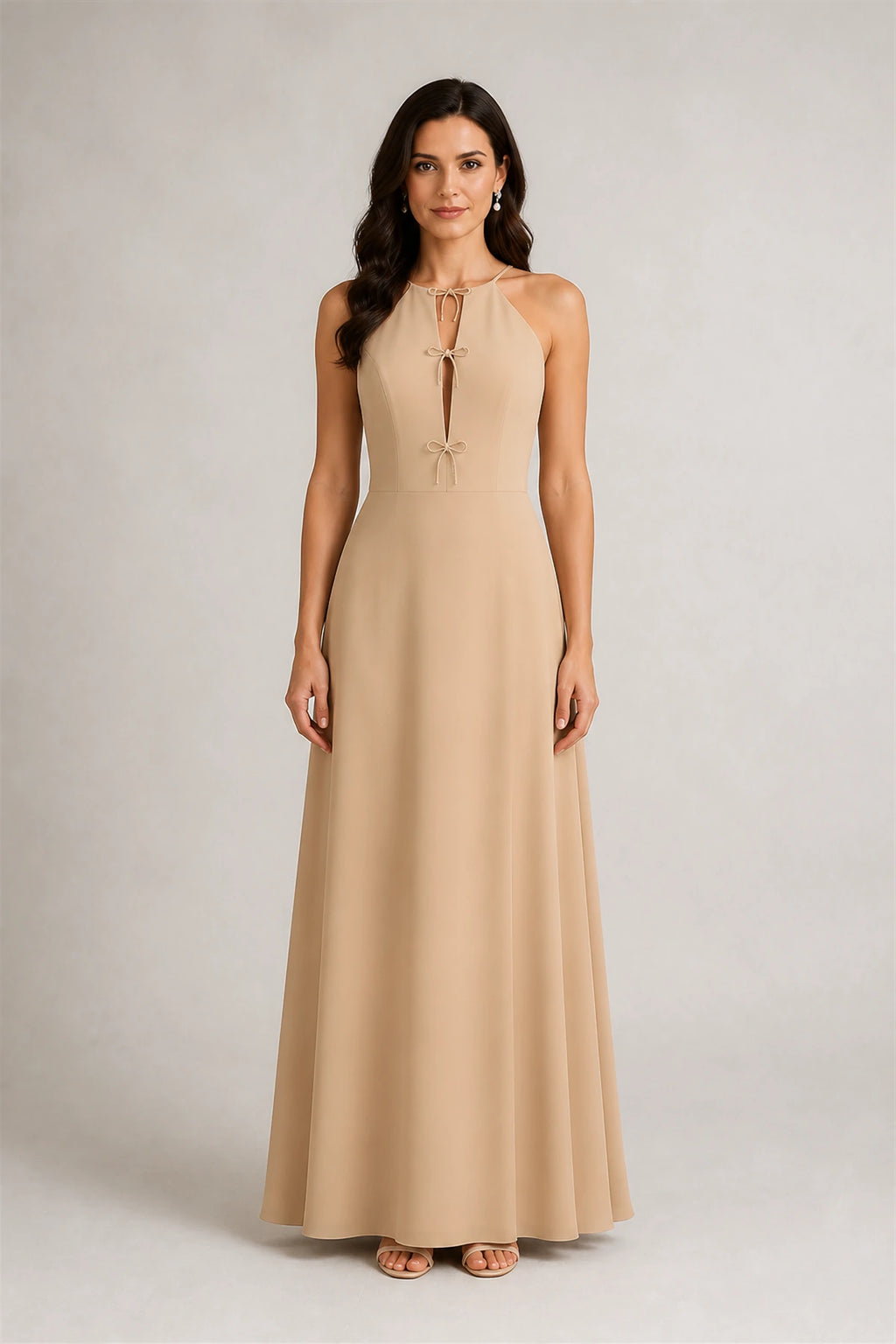Sage Green Halter Bow Keyhole A‑Line Long Bridesmaid Dress