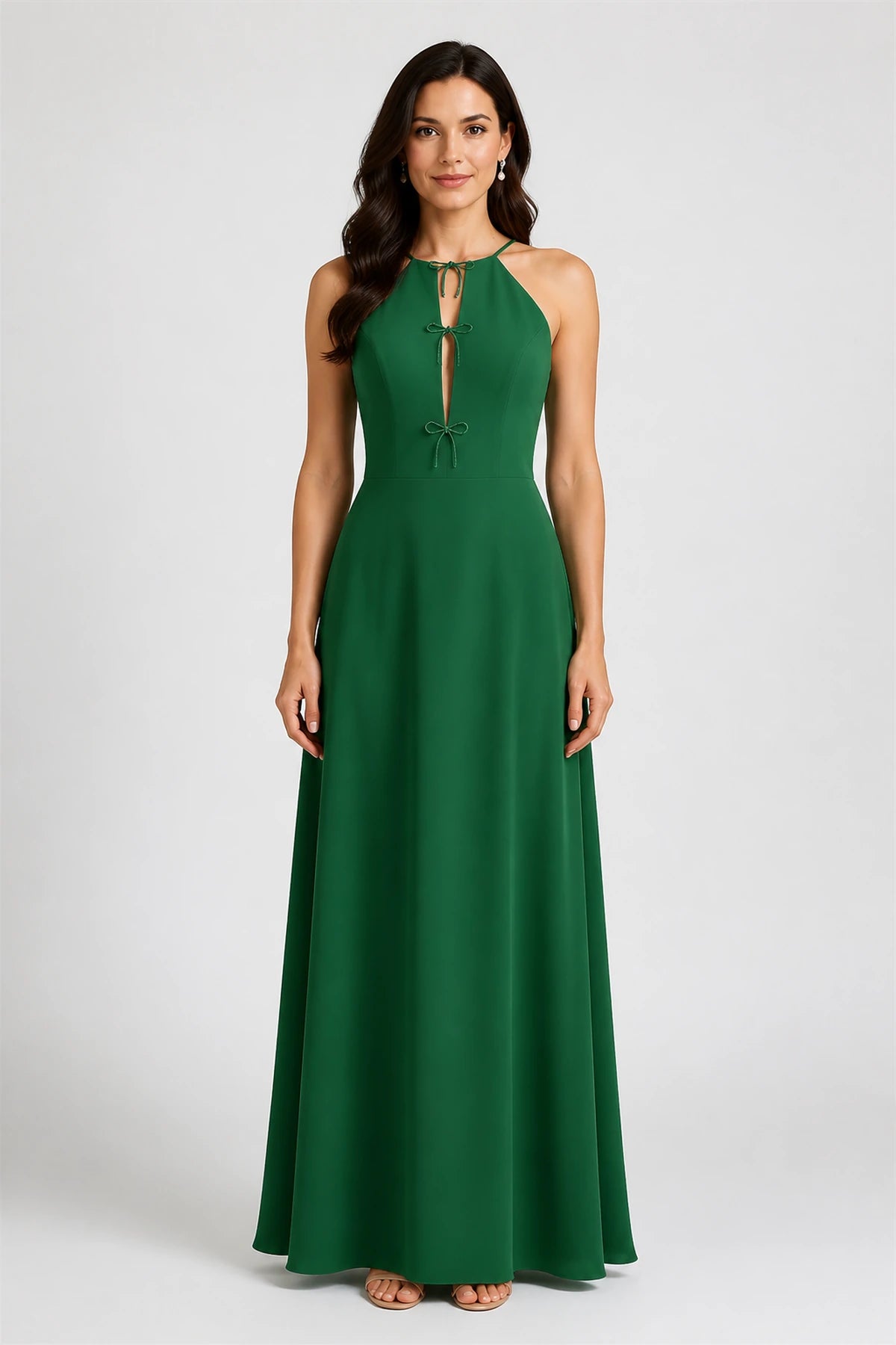 Sage Green Halter Bow Keyhole A‑Line Long Bridesmaid Dress