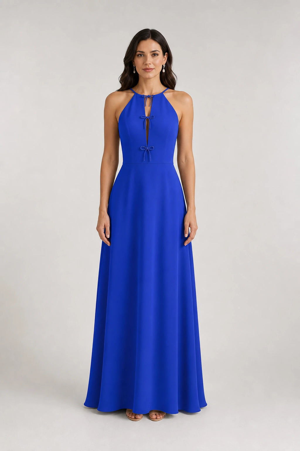 Sage Green Halter Bow Keyhole A‑Line Long Bridesmaid Dress