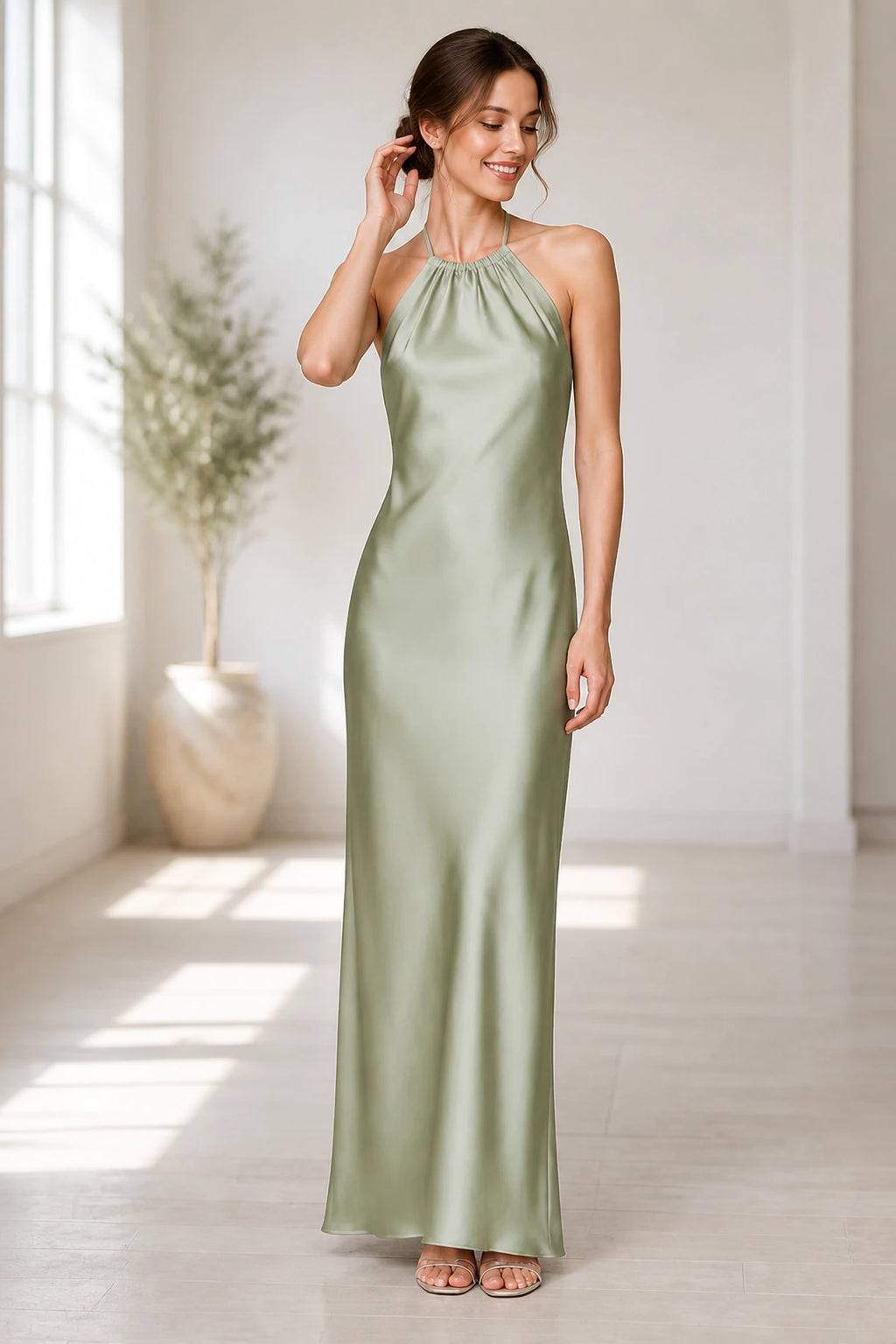 Sage Green Satin Halter Tie-Back Open Back Long Bridesmaid Dress
