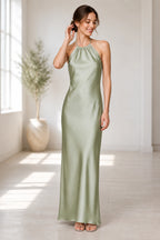 Sage Green Satin Halter Tie-Back Open Back Long Bridesmaid Dress