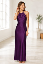Sage Green Satin Halter Tie-Back Open Back Long Bridesmaid Dress