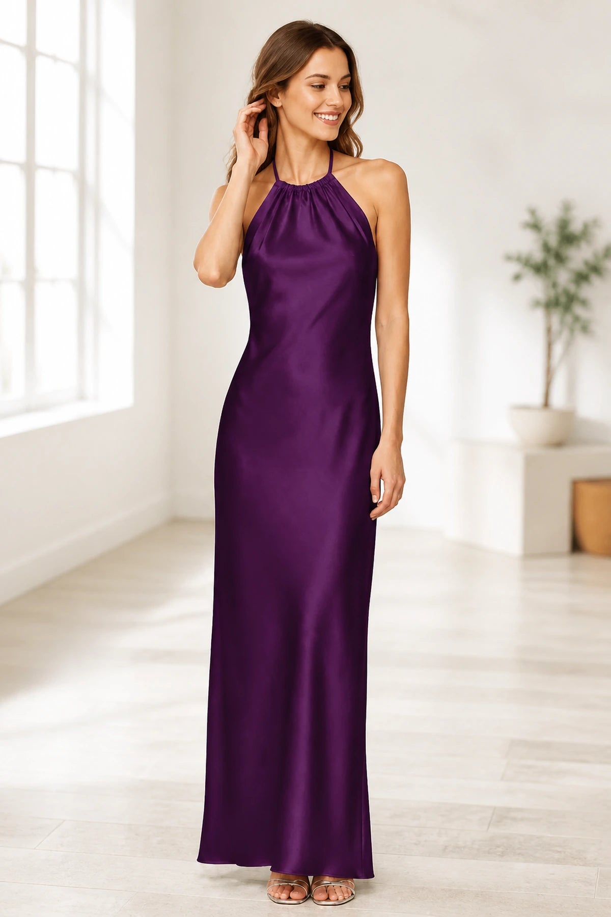 Sage Green Satin Halter Tie-Back Open Back Long Bridesmaid Dress