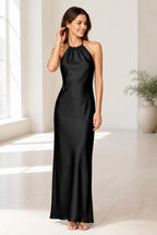 Sage Green Satin Halter Tie-Back Open Back Long Bridesmaid Dress