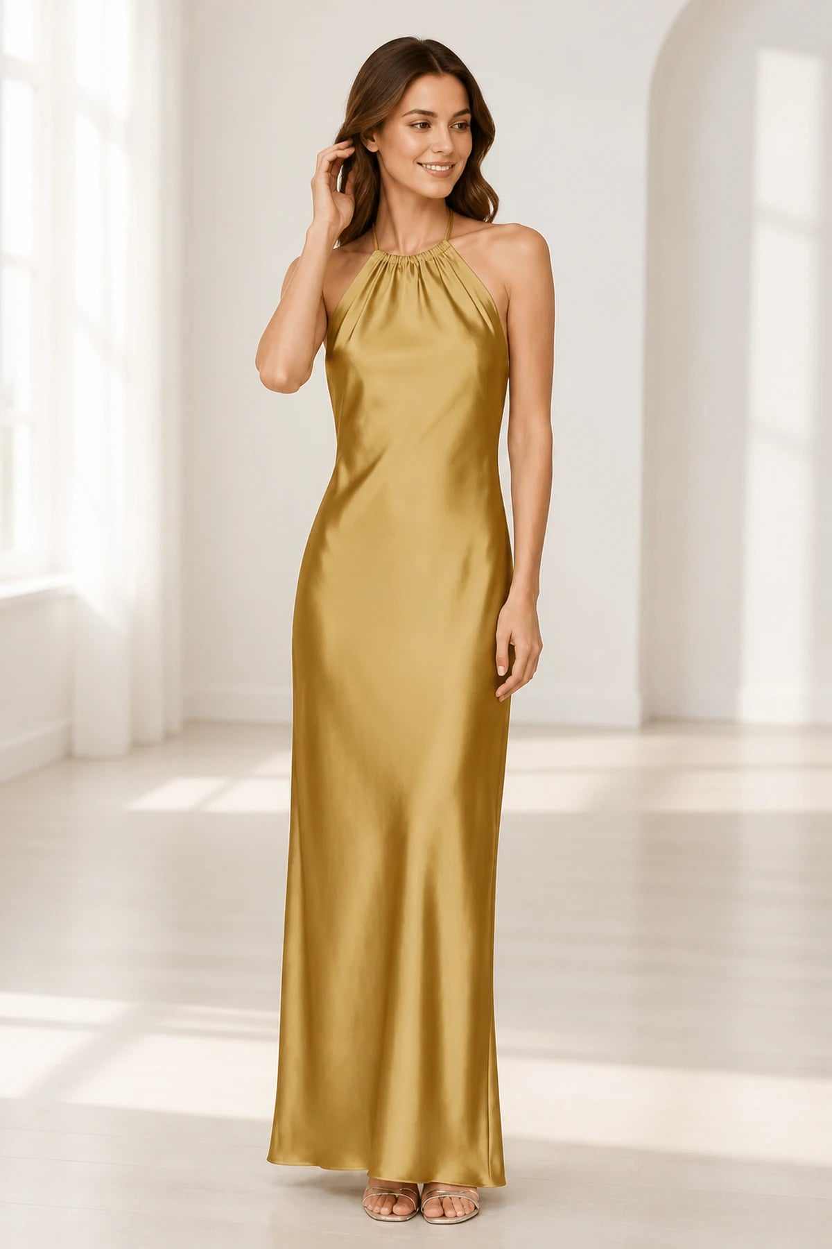 Sage Green Satin Halter Tie-Back Open Back Long Bridesmaid Dress