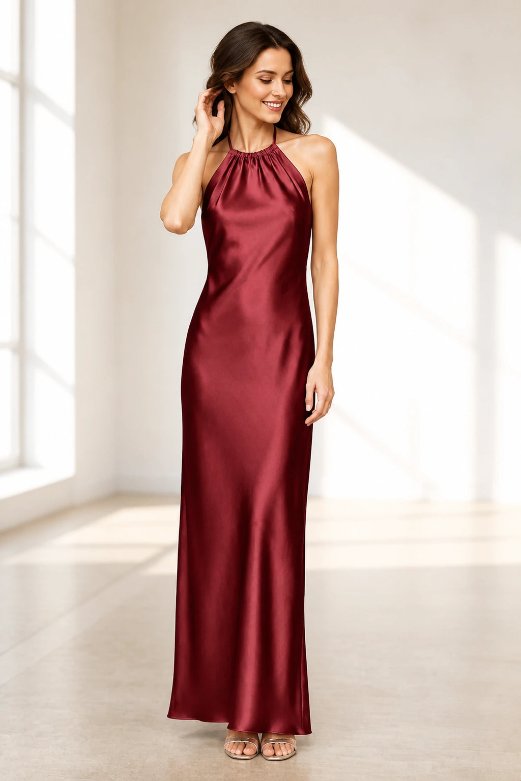 Sage Green Satin Halter Tie-Back Open Back Long Bridesmaid Dress