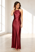 Sage Green Satin Halter Tie-Back Open Back Long Bridesmaid Dress