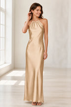 Sage Green Satin Halter Tie-Back Open Back Long Bridesmaid Dress
