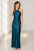 Sage Green Satin Halter Tie-Back Open Back Long Bridesmaid Dress