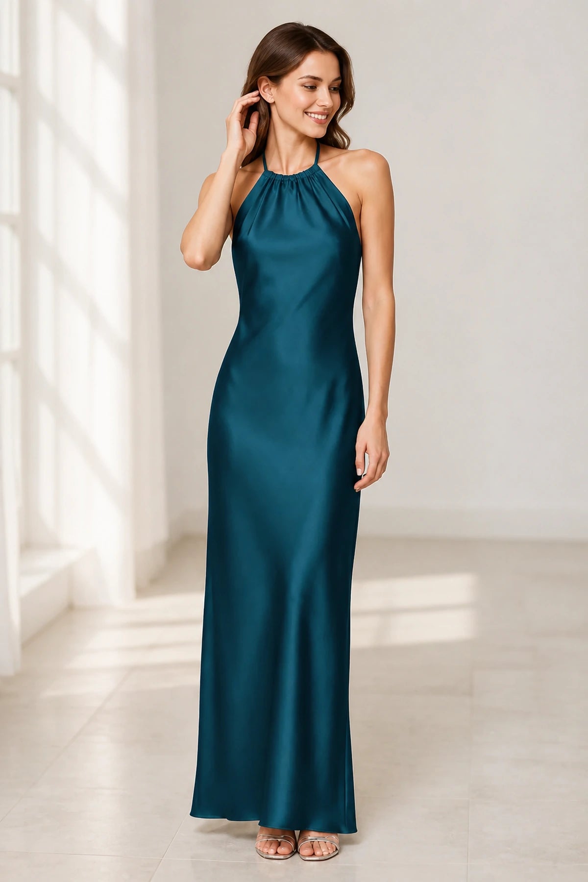 Sage Green Satin Halter Tie-Back Open Back Long Bridesmaid Dress