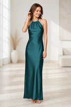 Sage Green Satin Halter Tie-Back Open Back Long Bridesmaid Dress