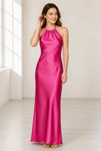 Sage Green Satin Halter Tie-Back Open Back Long Bridesmaid Dress