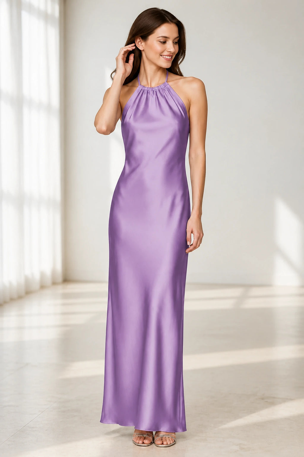 Sage Green Satin Halter Tie-Back Open Back Long Bridesmaid Dress