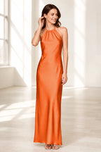 Sage Green Satin Halter Tie-Back Open Back Long Bridesmaid Dress