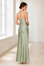 Sage Green Satin Halter Tie-Back Open Back Long Bridesmaid Dress
