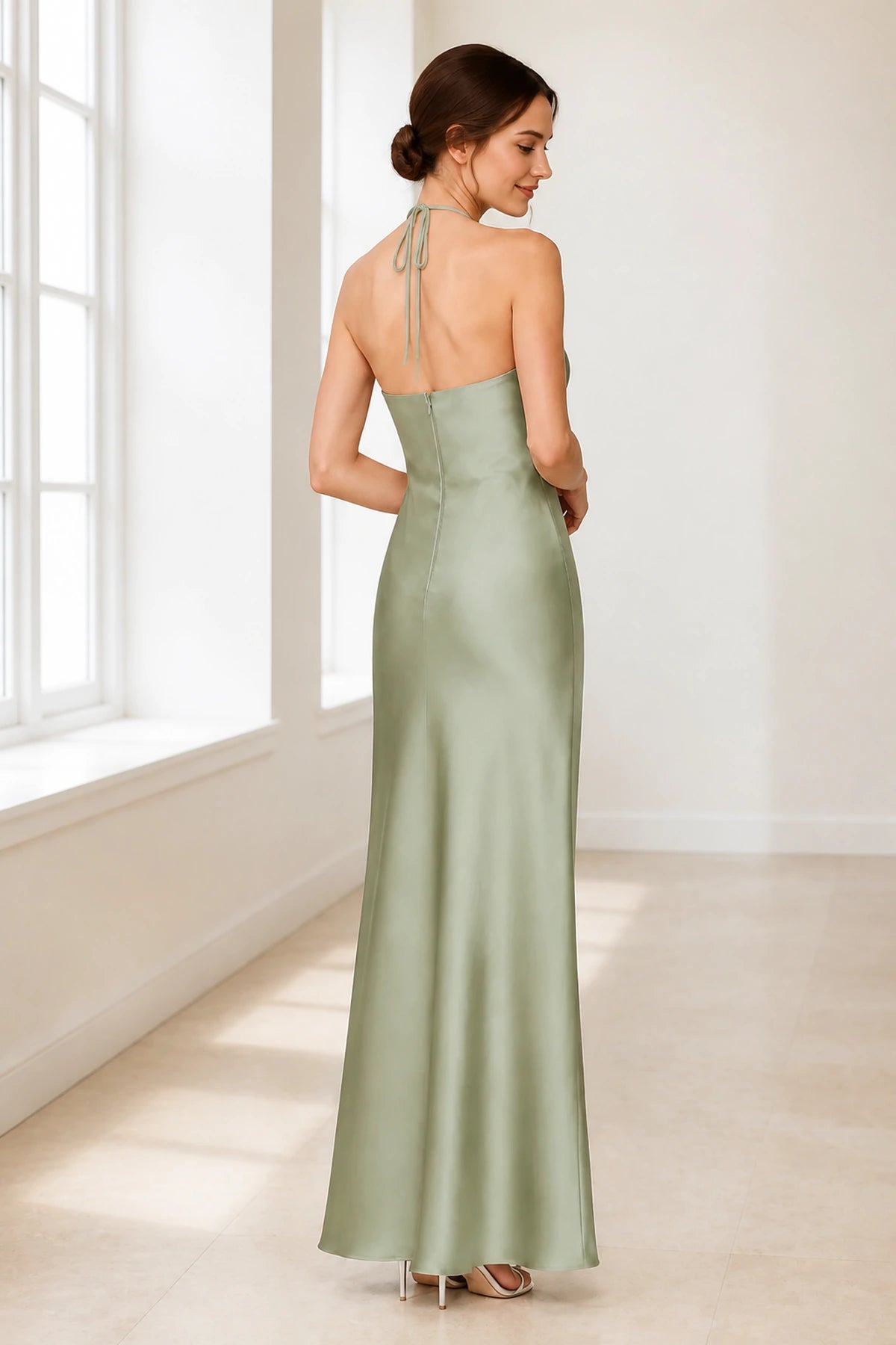 Sage Green Satin Halter Tie-Back Open Back Long Bridesmaid Dress