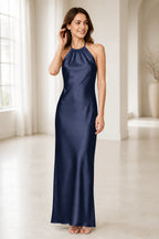 Sage Green Satin Halter Tie-Back Open Back Long Bridesmaid Dress