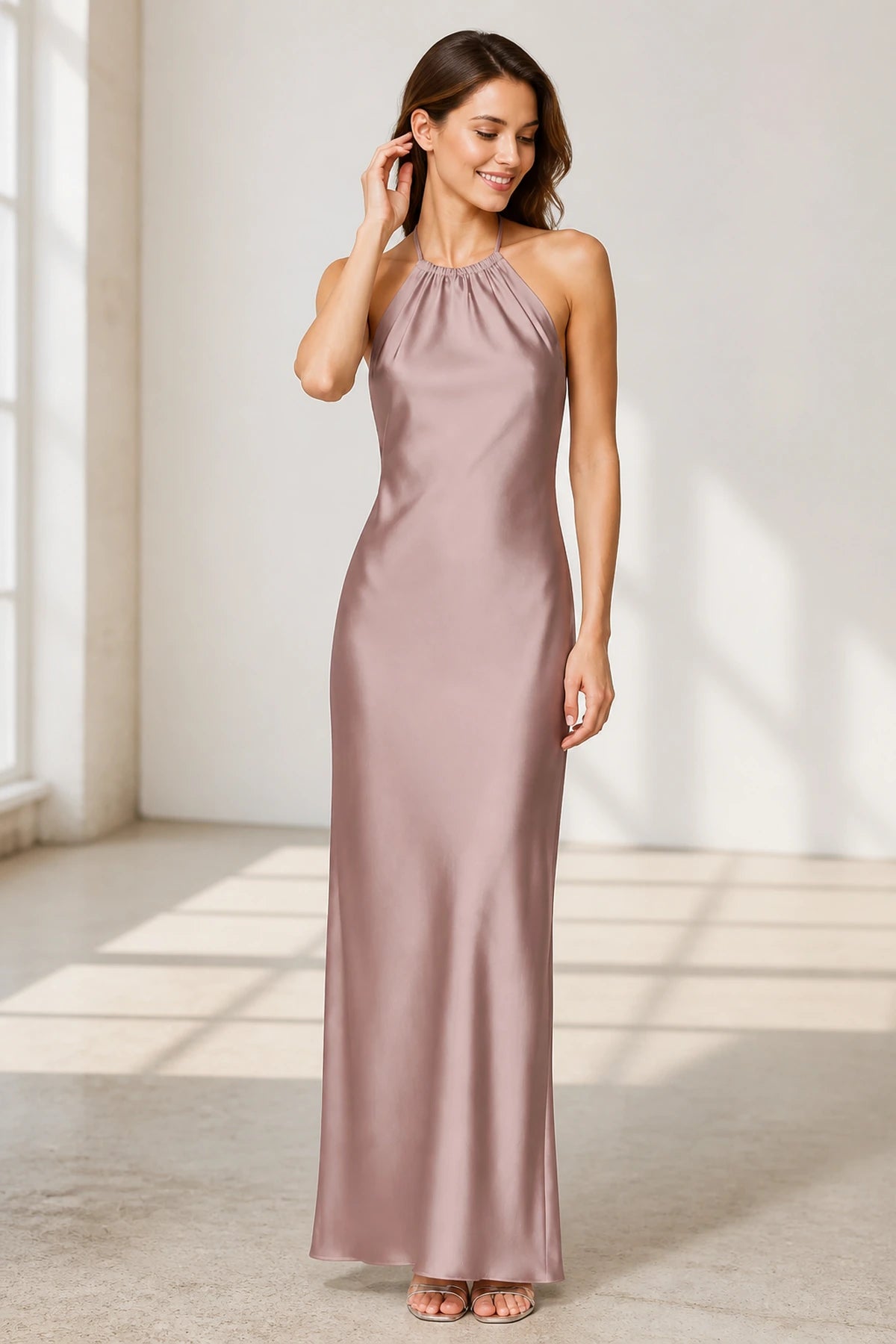 Sage Green Satin Halter Tie-Back Open Back Long Bridesmaid Dress