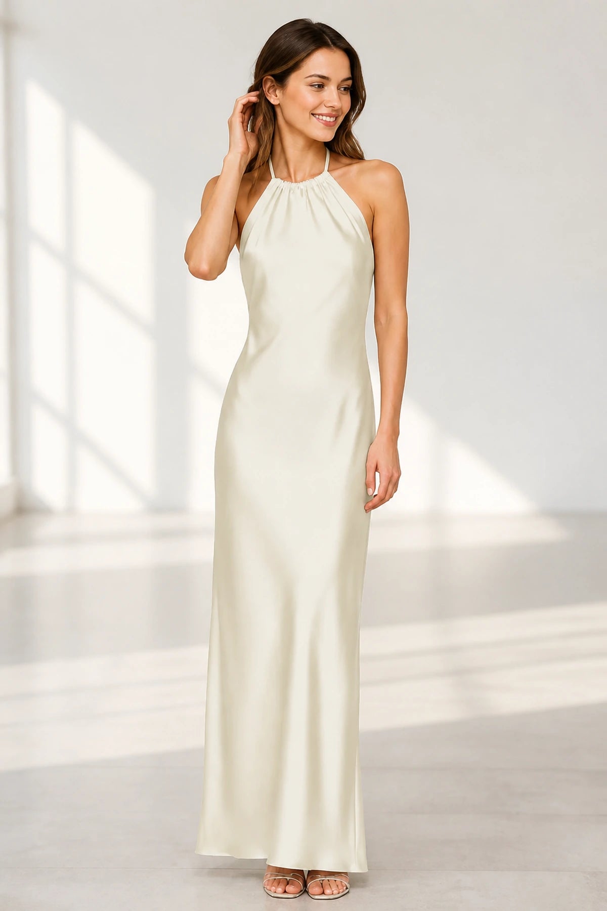Sage Green Satin Halter Tie-Back Open Back Long Bridesmaid Dress