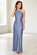 Sage Green Satin Halter Tie-Back Open Back Long Bridesmaid Dress