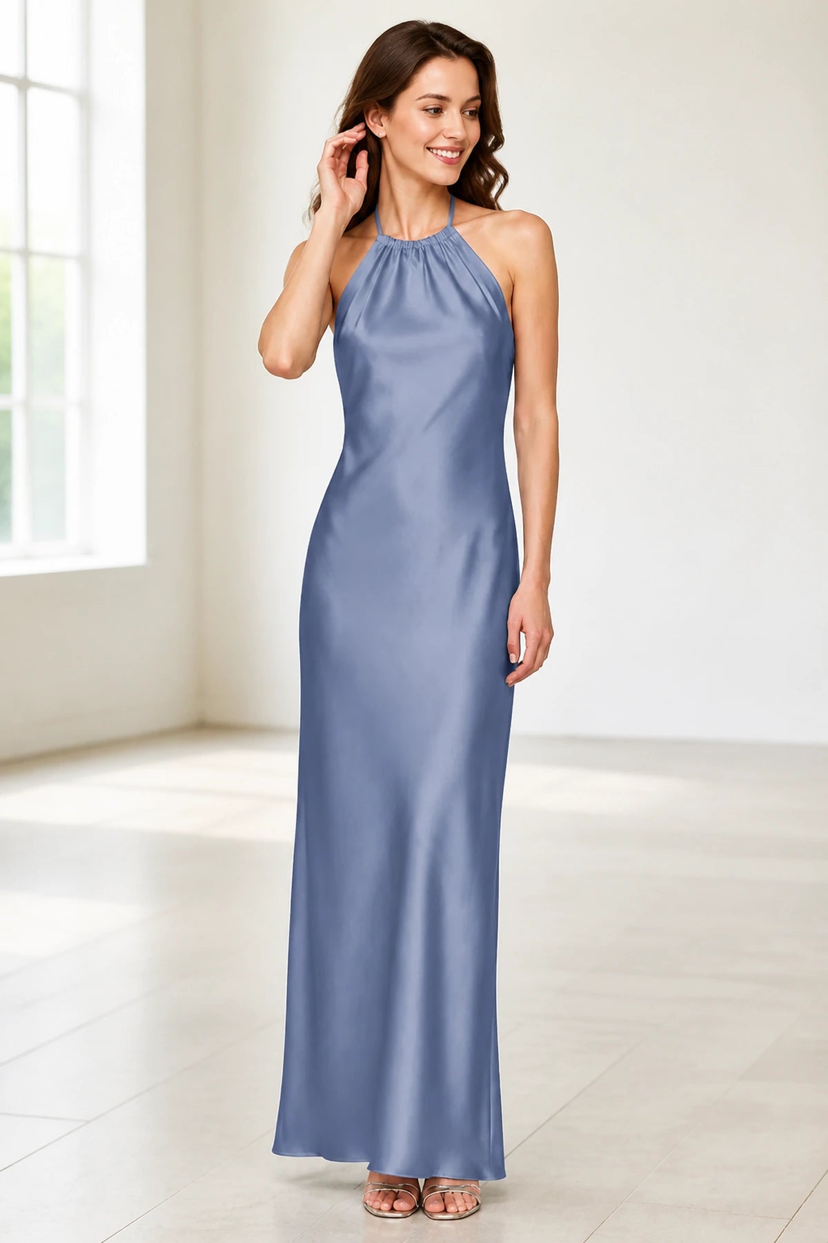 Sage Green Satin Halter Tie-Back Open Back Long Bridesmaid Dress