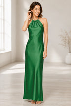 Sage Green Satin Halter Tie-Back Open Back Long Bridesmaid Dress