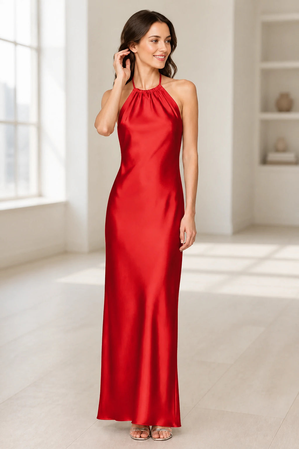 Sage Green Satin Halter Tie-Back Open Back Long Bridesmaid Dress