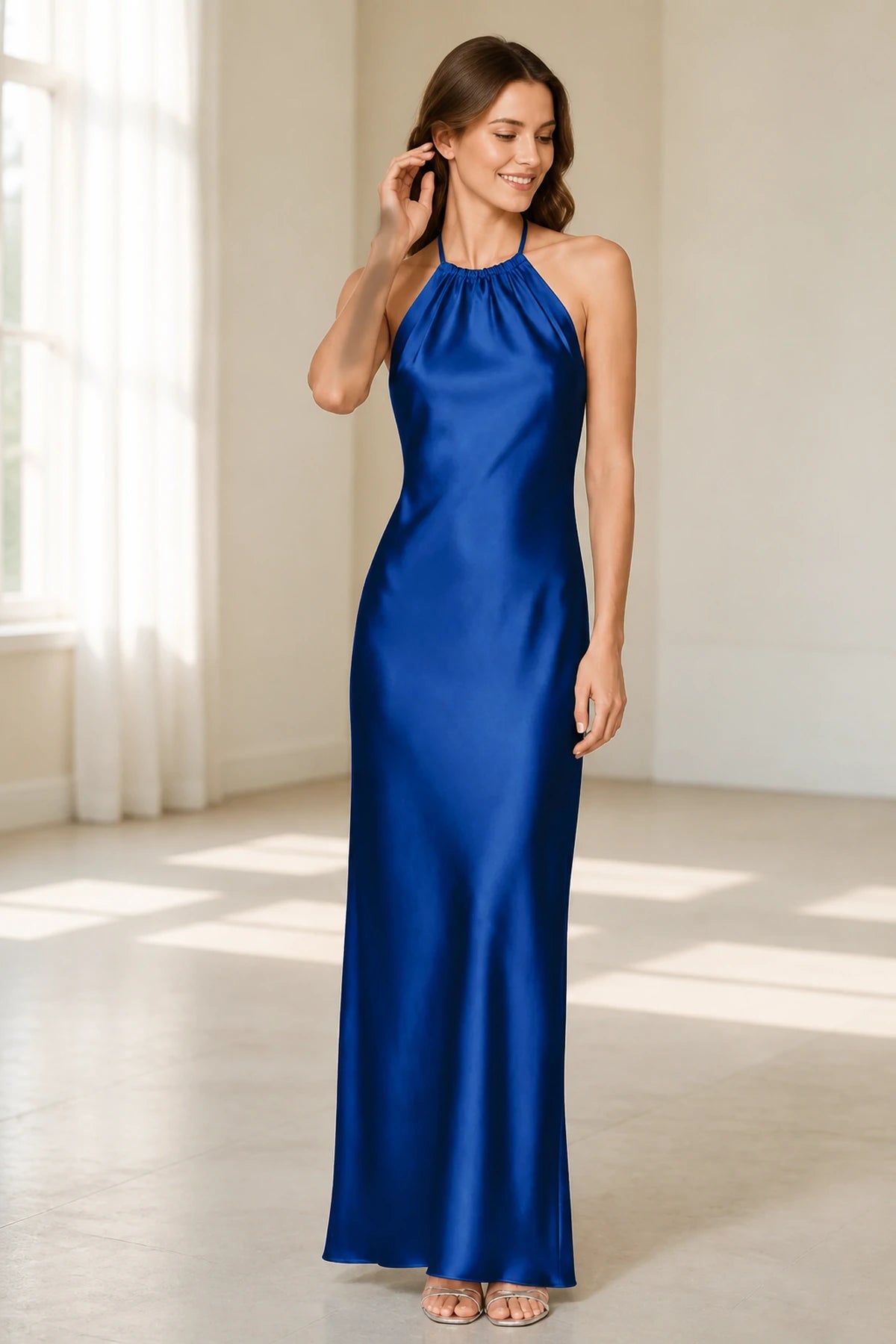 Sage Green Satin Halter Tie-Back Open Back Long Bridesmaid Dress