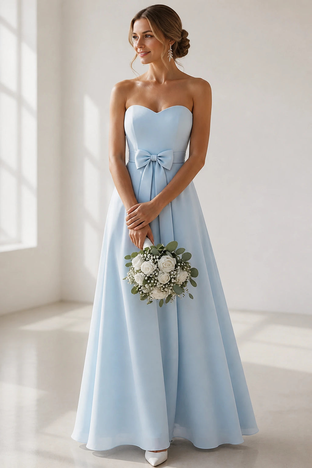 Vedress sky blue strapless sweetheart neck bow waist a‑line long bridesmaid dress