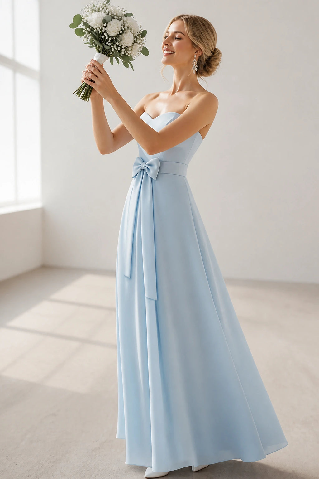 Sky Blue Strapless Sweetheart Bow‑Waist A‑Line Long Bridesmaid Dress