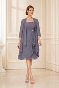 Dusty lavender 2‑piece knee‑length mother of the bride dress with sheer chiffon jacket Vedress