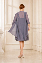 Back view dusty‑lavender square neck mother of bride dress with 3/4 sleeve jacket Vedress