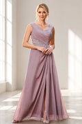 Dusty Purple A‑Line V‑Neck Sleeveless Zipper‑Back Long Mother Of The Bride Dress