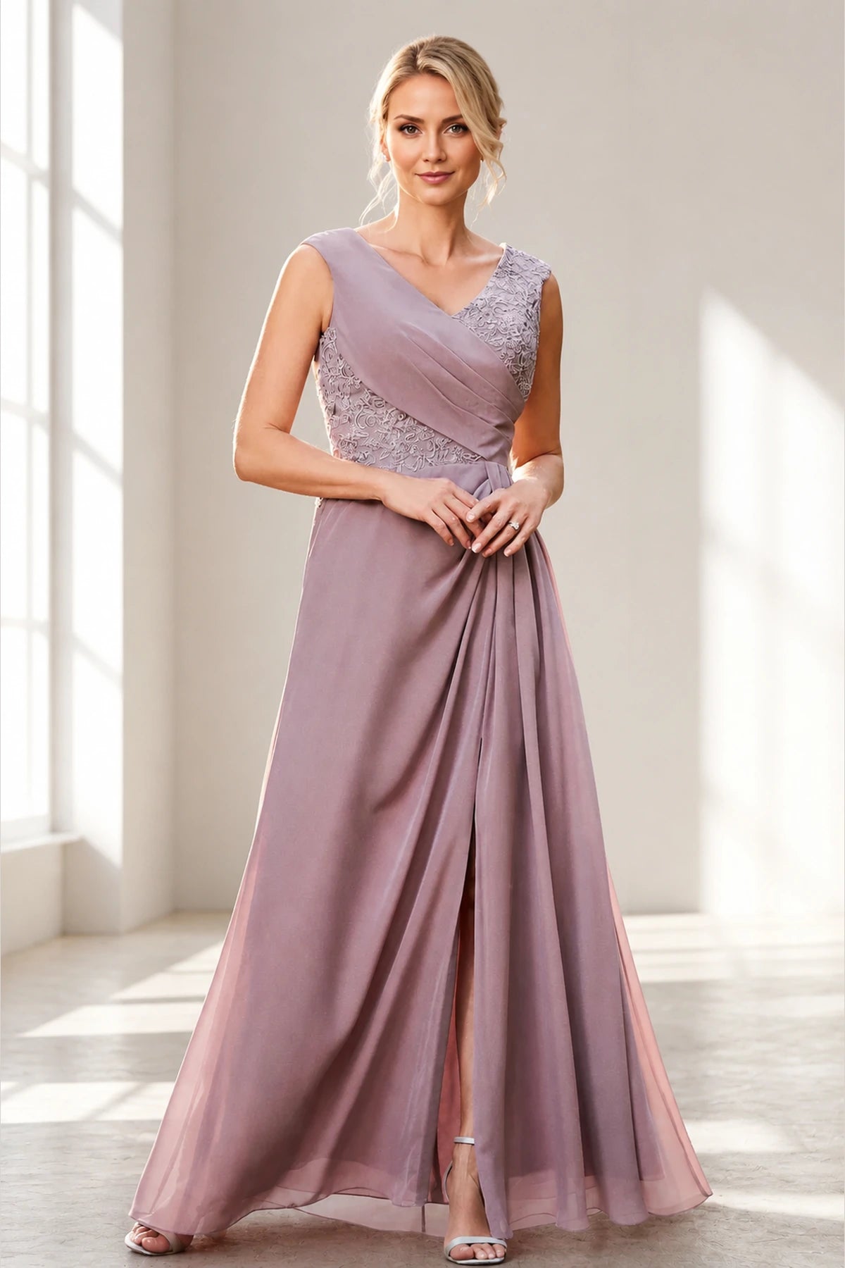Dusty Purple A‑Line V‑Neck Sleeveless Zipper‑Back Long Mother Of The Bride Dress