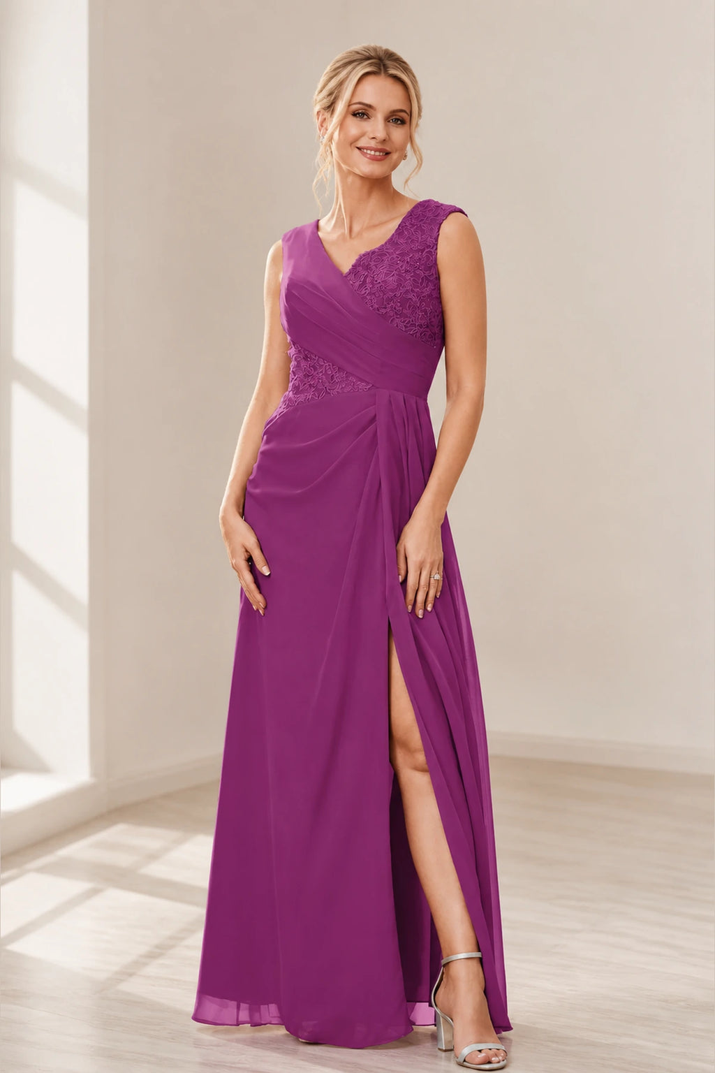 Dusty Purple A‑Line V‑Neck Sleeveless Zipper‑Back Long Mother Of The Bride Dress