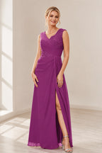 Dusty Purple A‑Line V‑Neck Sleeveless Zipper‑Back Long Mother Of The Bride Dress