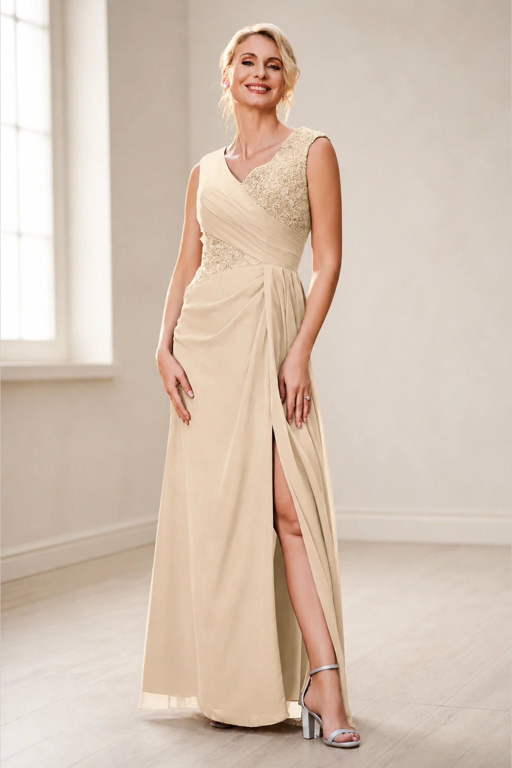 Dusty Purple A‑Line V‑Neck Sleeveless Zipper‑Back Long Mother Of The Bride Dress