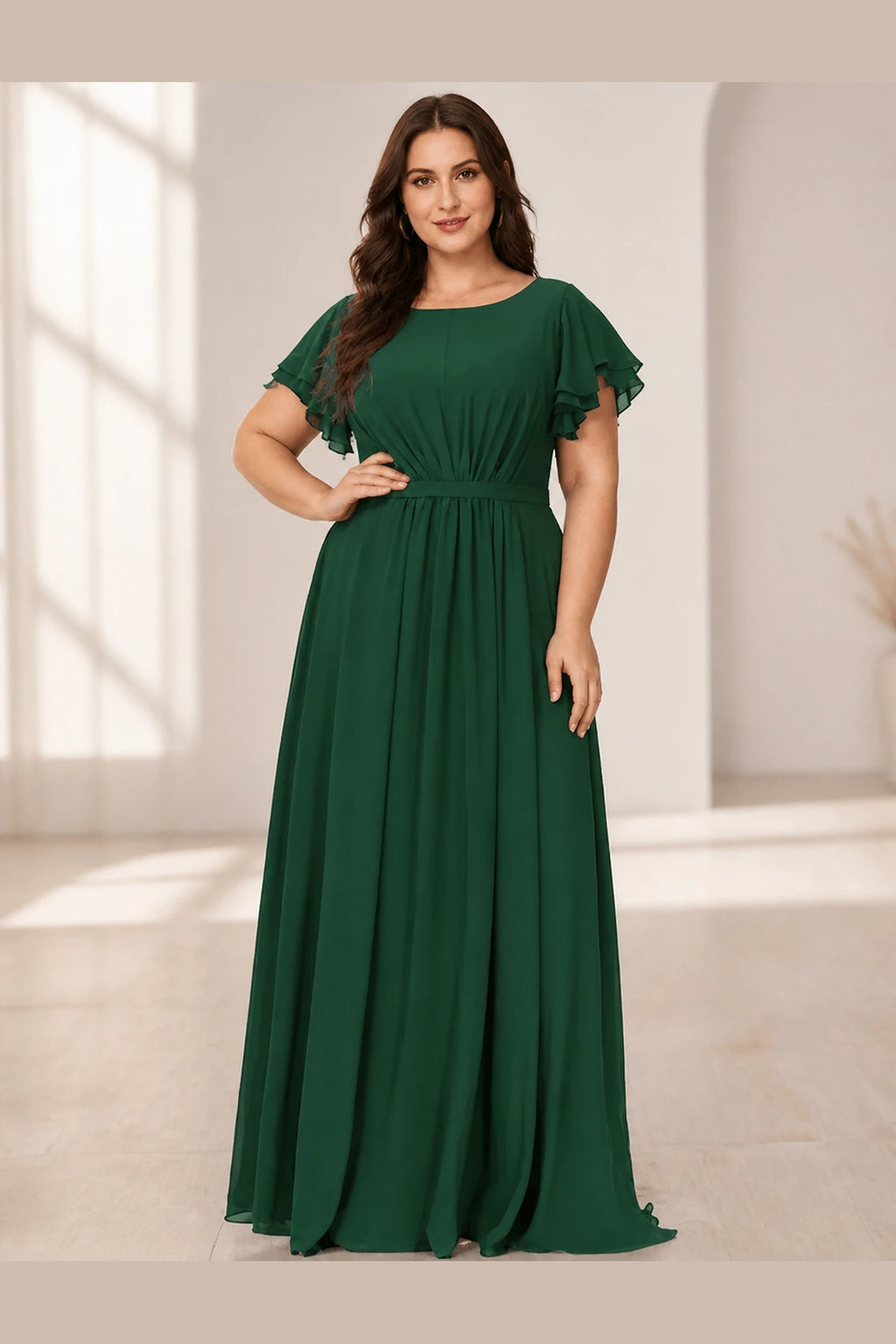 Emerald green plus‑size A‑line long bridesmaid dress round neck flutter sleeves Vedress