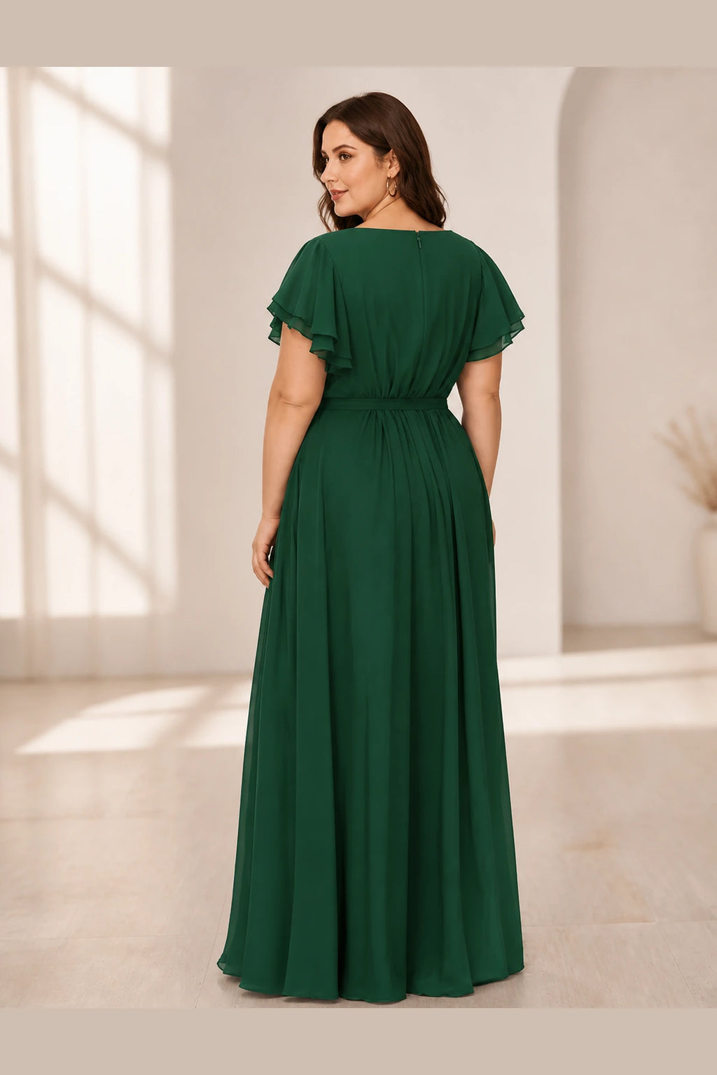 Back view emerald‑green chiffon plus‑size bridesmaid gown zipper closure Vedress