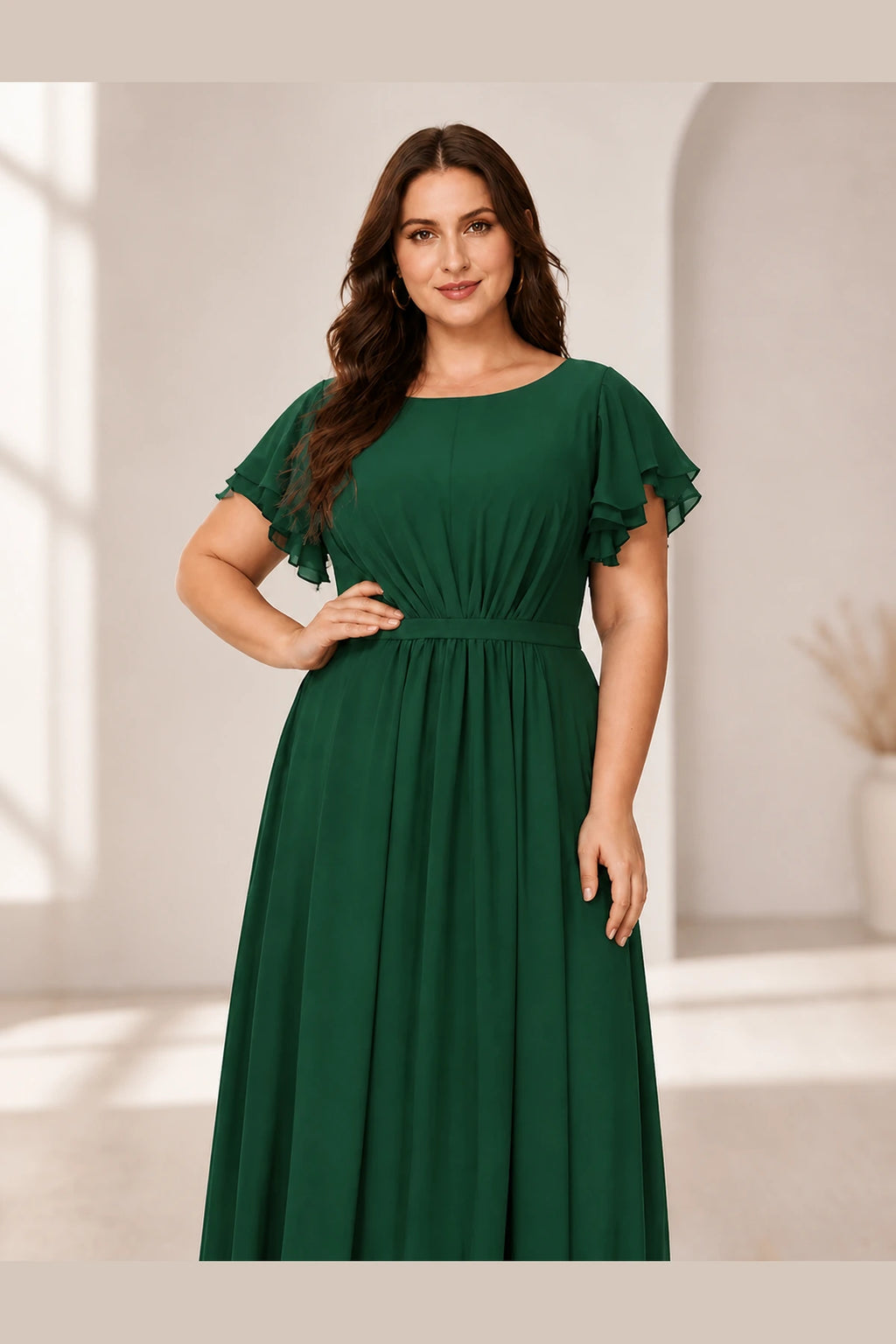 Emerald Green A‑Line Round‑Neck Flutter‑Sleeve Zip‑Back Long Plus‑Size Bridesmaid Dress