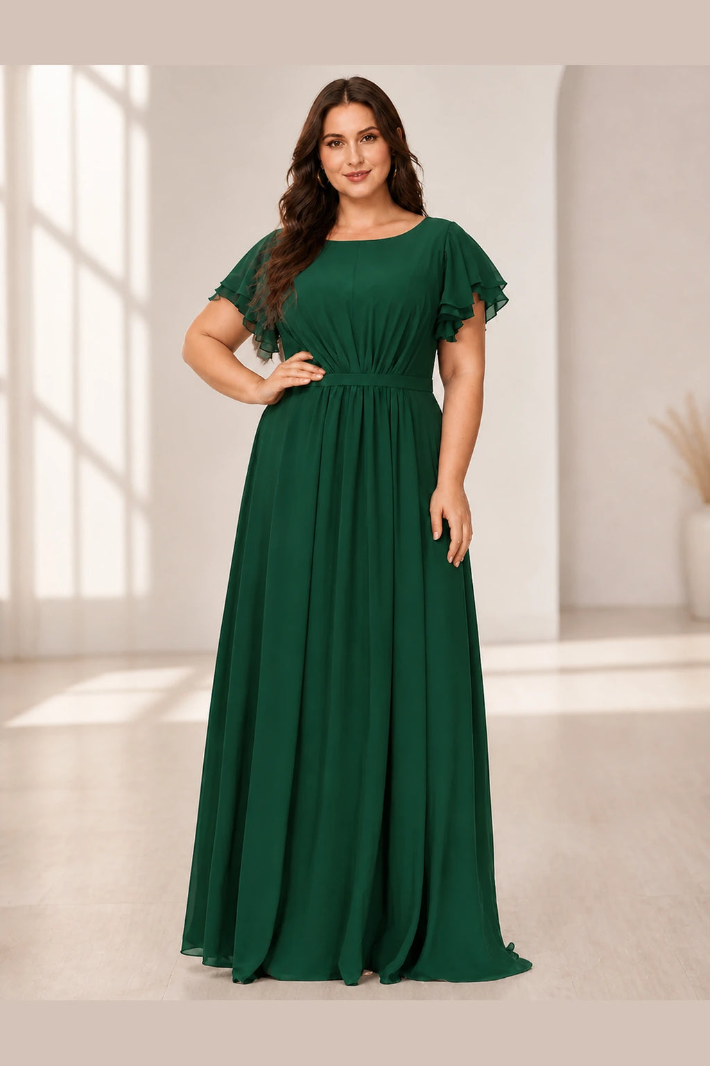 Emerald Green A‑Line Round‑Neck Flutter‑Sleeve Zip‑Back Long Plus‑Size Bridesmaid Dress