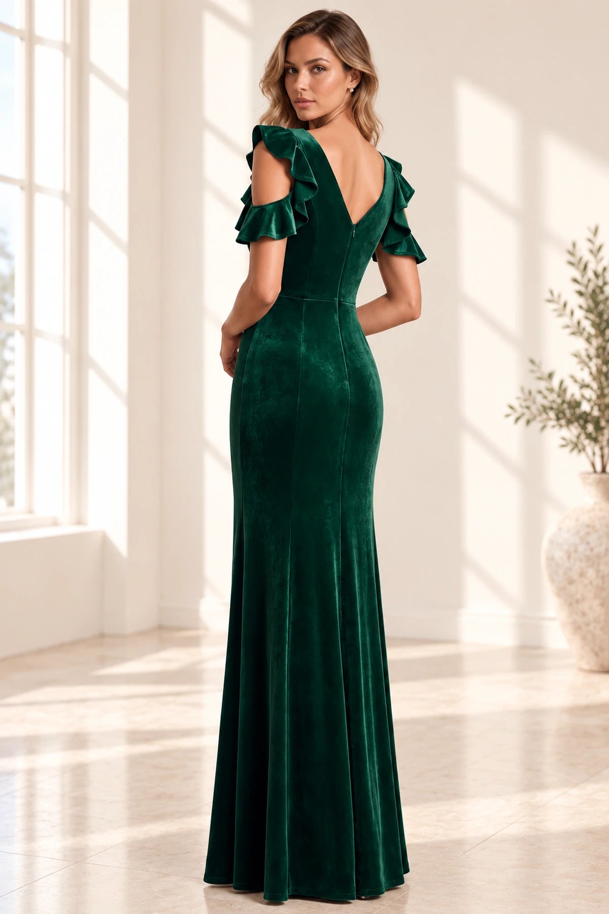Back view of a dark green velvet prom dress with a V-shaped neckline, center-back zipper, ruffled sleeves, and fitted long skirt.