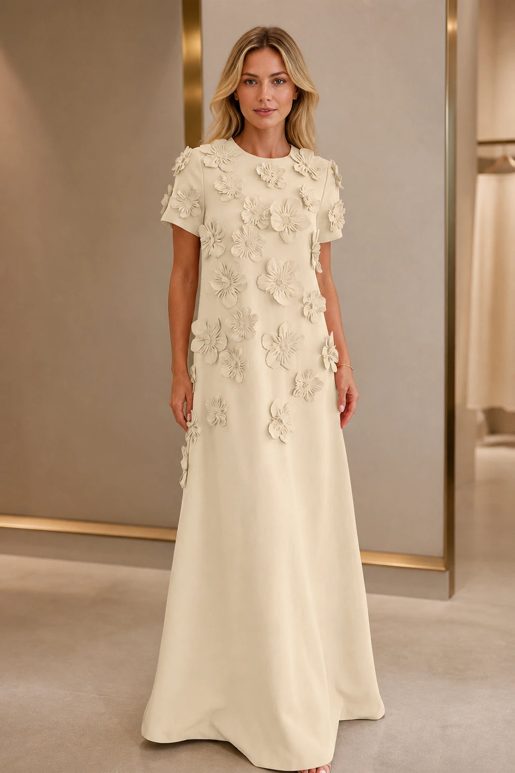 Polished A-Line Round-Neck Short-Sleeve Zipper-Back Floor-Length Wedding Guest Dress