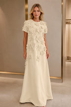 Polished A-Line Round-Neck Short-Sleeve Zipper-Back Floor-Length Wedding Guest Dress
