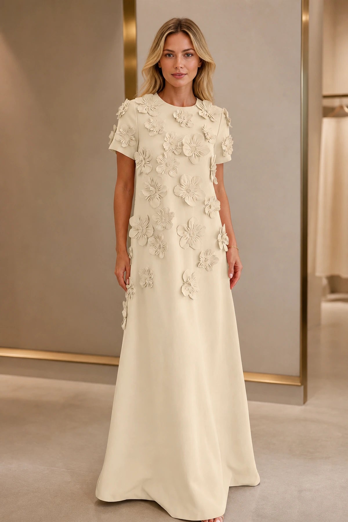 Polished A-Line Round-Neck Short-Sleeve Zipper-Back Floor-Length Wedding Guest Dress